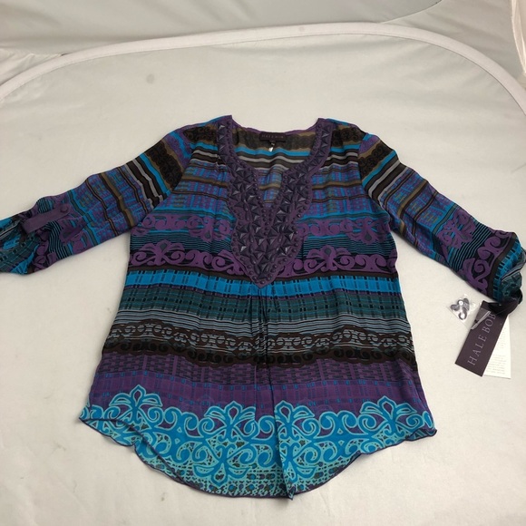 Hale Bob sheer silk purple multicolor bead v-neck top - Picture 5 of 11